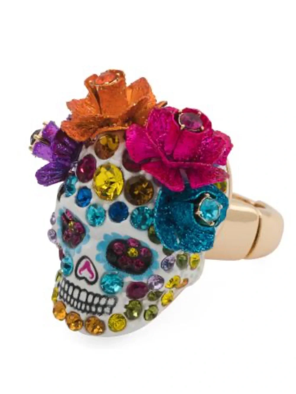 Betsey Johnson NWT Pave Crystal Floral Skull Stretch Ring
